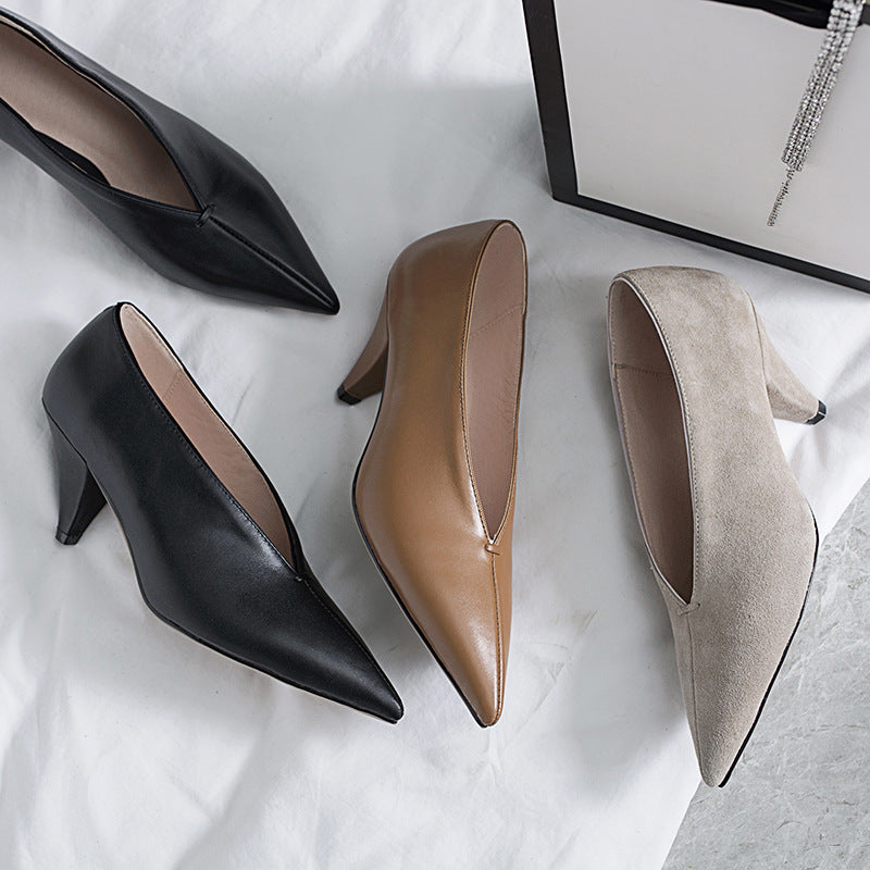 Leather Pointed Toe High-Heeled Deep V-Mouth Single Shoes Low-Top Women'S Shoes