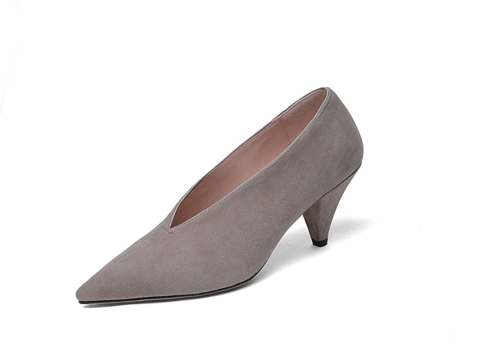 Leather Pointed Toe High-Heeled Deep V-Mouth Single Shoes Low-Top Women'S Shoes