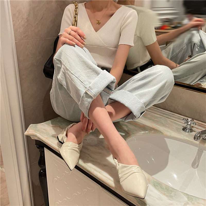 South Korean Spring And Summer New Fashion Pointed Baotou Women's Shoes Thick Heel Middle Heel Women's Sandals In