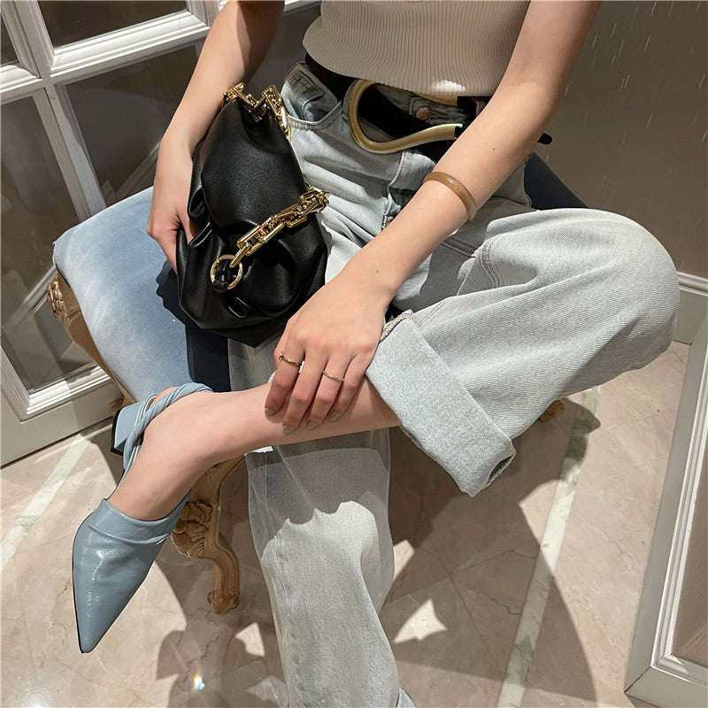 South Korean Spring And Summer New Fashion Pointed Baotou Women's Shoes Thick Heel Middle Heel Women's Sandals In