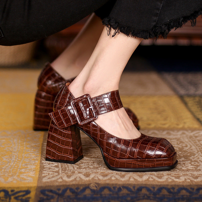 Retro Square Toe High-Heeled Thick-Heeled Single Shoes Waterproof Platform Belt Buckle Low-Cut Women'S Shoes Foreign Trade Women'S Low-Cut Shoes Stone Pattern