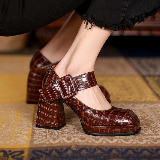 Retro Square Toe High-Heeled Thick-Heeled Single Shoes Waterproof Platform Belt Buckle Low-Cut Women'S Shoes Foreign Trade Women'S Low-Cut Shoes Stone Pattern
