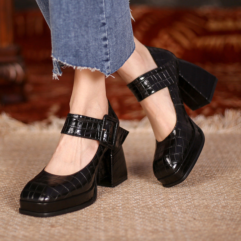 Retro Square Toe High-Heeled Thick-Heeled Single Shoes Waterproof Platform Belt Buckle Low-Cut Women'S Shoes Foreign Trade Women'S Low-Cut Shoes Stone Pattern