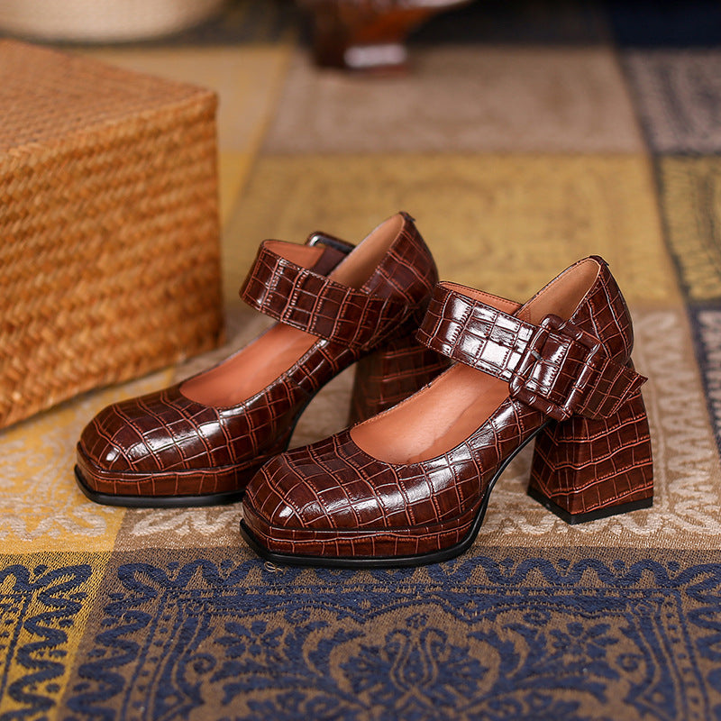 Retro Square Toe High-Heeled Thick-Heeled Single Shoes Waterproof Platform Belt Buckle Low-Cut Women'S Shoes Foreign Trade Women'S Low-Cut Shoes Stone Pattern