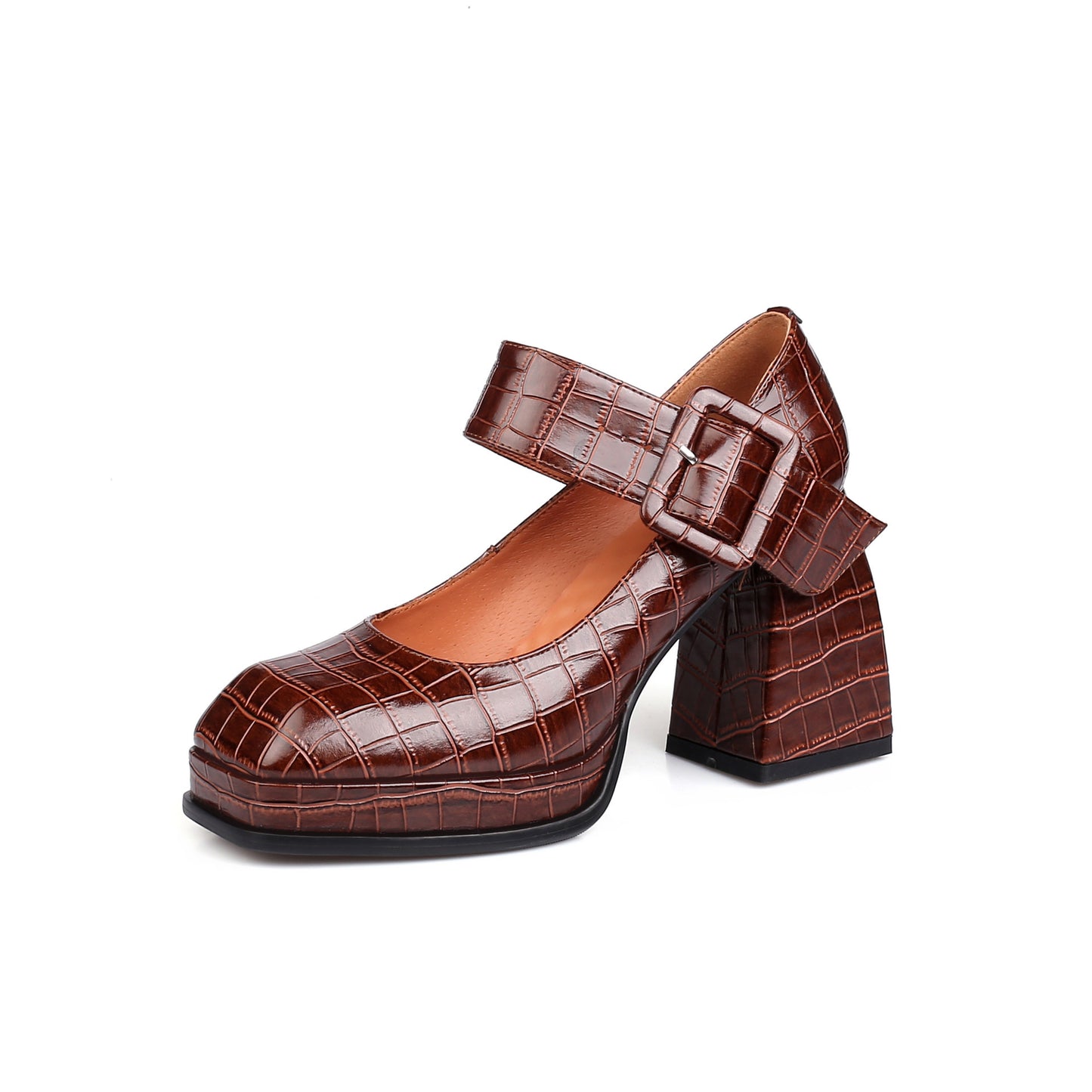 Retro Square Toe High-Heeled Thick-Heeled Single Shoes Waterproof Platform Belt Buckle Low-Cut Women'S Shoes Foreign Trade Women'S Low-Cut Shoes Stone Pattern