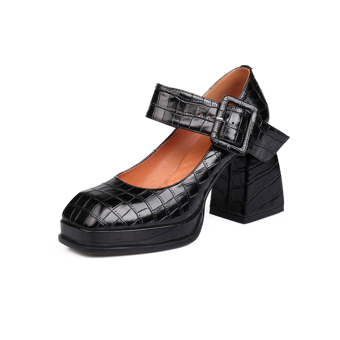 Retro Square Toe High-Heeled Thick-Heeled Single Shoes Waterproof Platform Belt Buckle Low-Cut Women'S Shoes Foreign Trade Women'S Low-Cut Shoes Stone Pattern