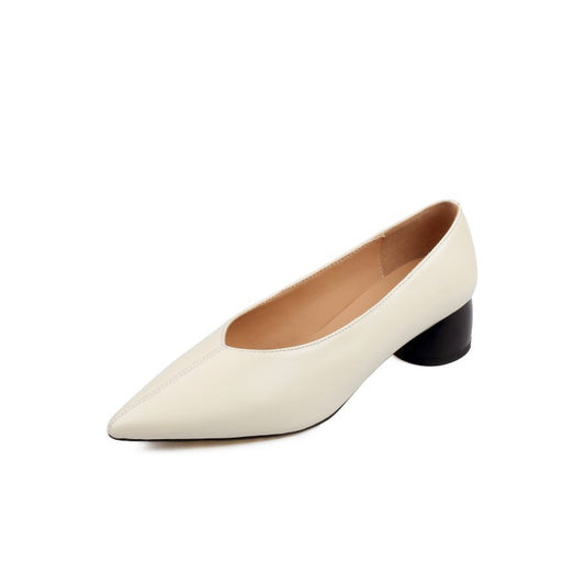 Cowhide Single Shoes, Small Pointed Toe V-Neck Flat Thick Heel French Grandma Shoes