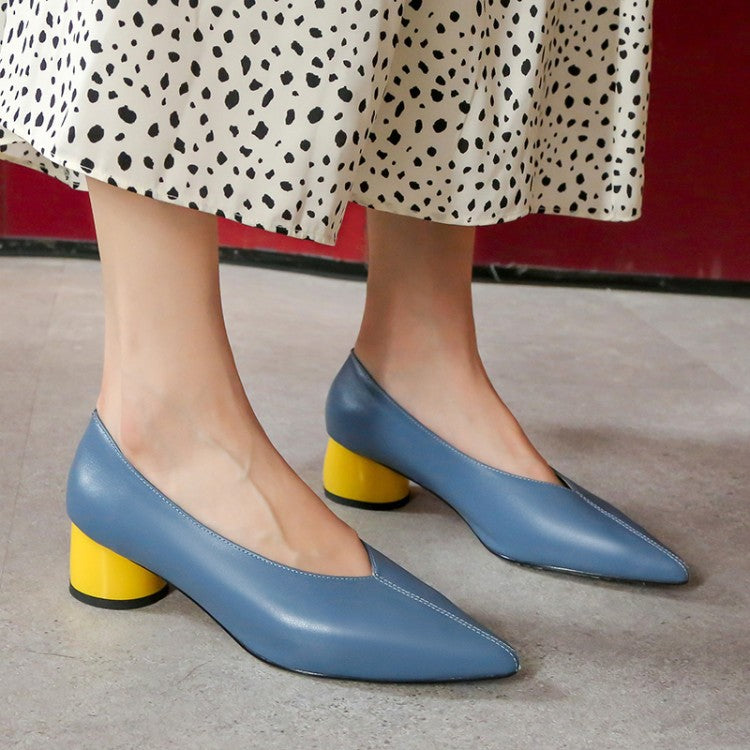 Cowhide Single Shoes, Small Pointed Toe V-Neck Flat Thick Heel French Grandma Shoes
