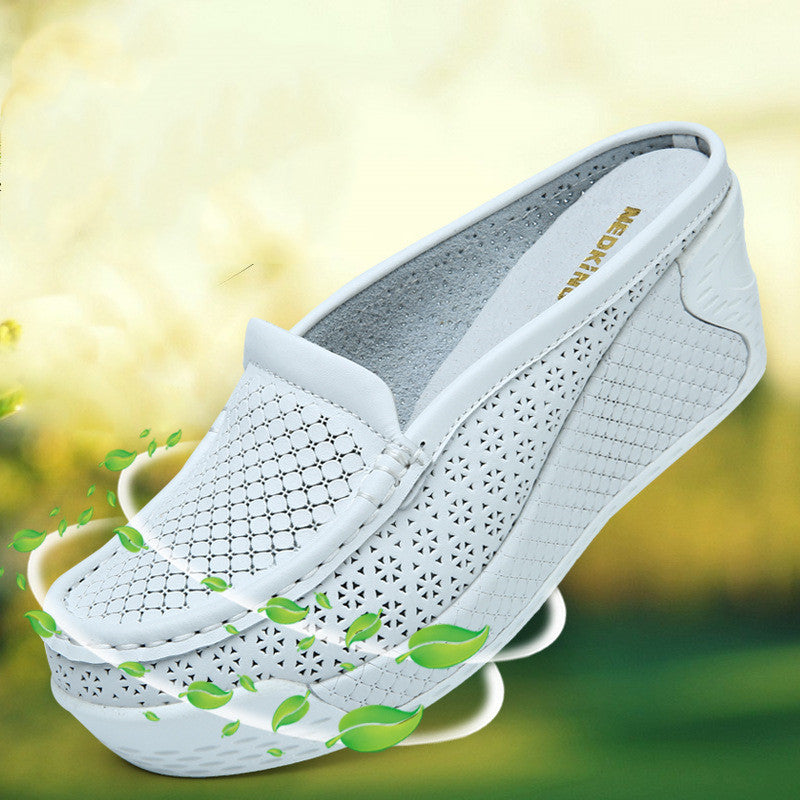 Waterproof Platform Half Drag Leather Hollow, Wedge Leather Sandals And Slippers