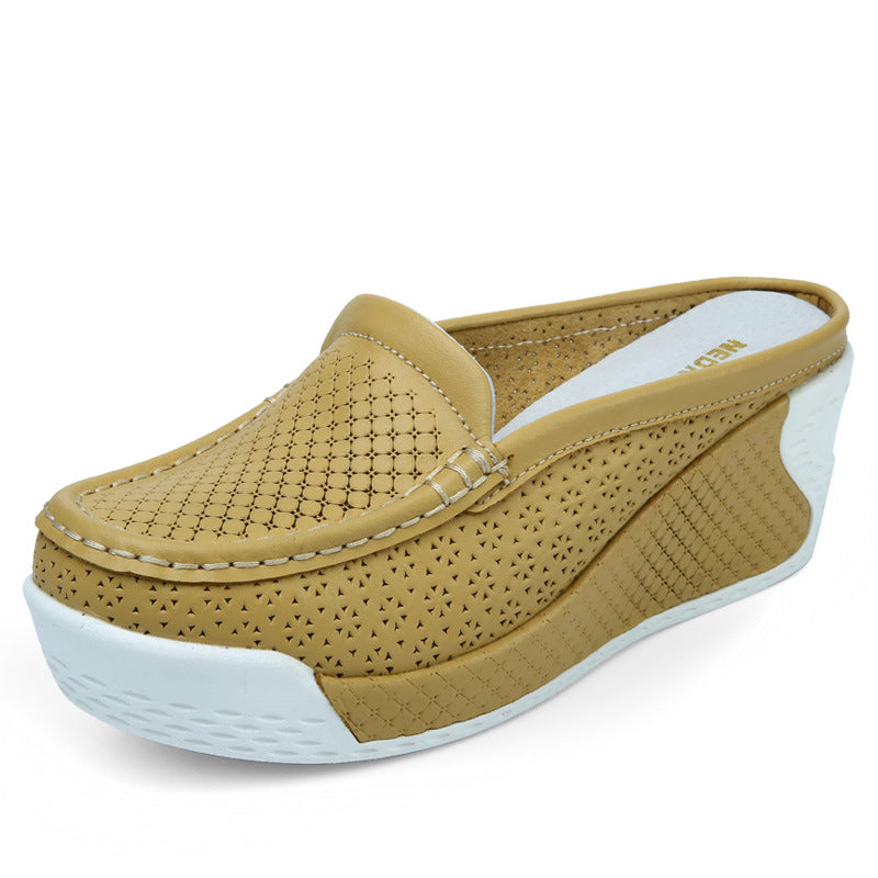 Waterproof Platform Half Drag Leather Hollow, Wedge Leather Sandals And Slippers