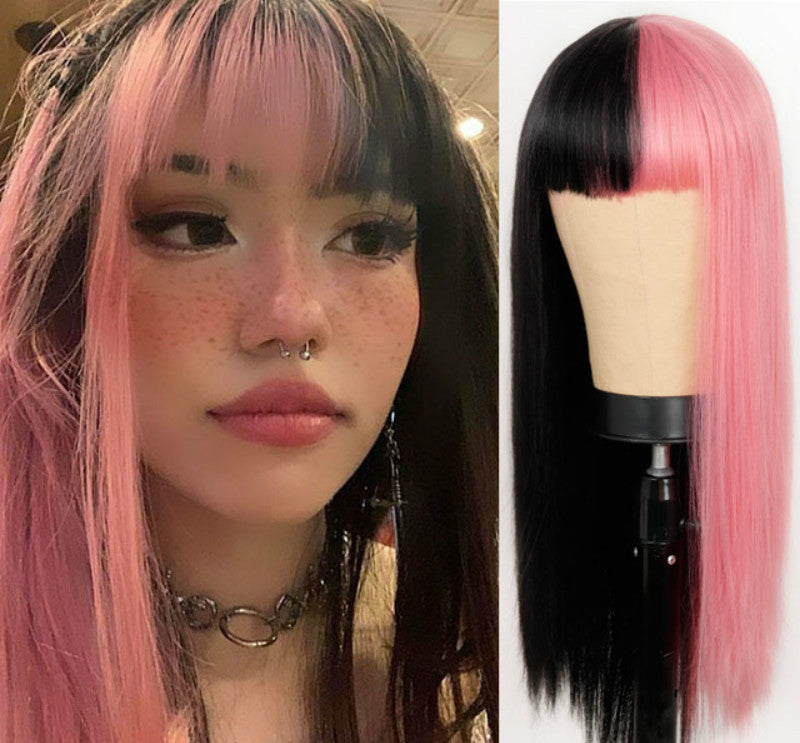 Wig Female European And American Fashion Long Straight Hair Yin Yang Gradient Black Powder Color Matching Long Hair Chemical Fiber Headdress Female