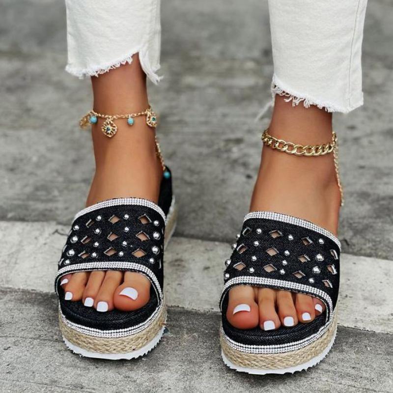 Platform Wedge Heel Denim Rhinestone Rivet Women'S Sandals And Slippers