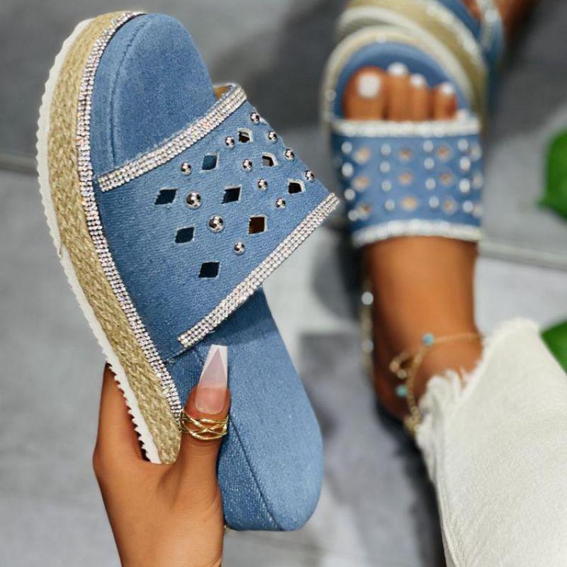 Platform Wedge Heel Denim Rhinestone Rivet Women'S Sandals And Slippers