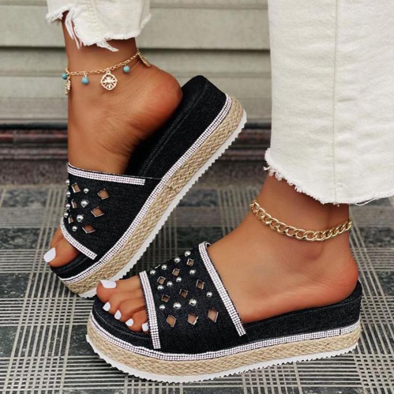 Platform Wedge Heel Denim Rhinestone Rivet Women'S Sandals And Slippers