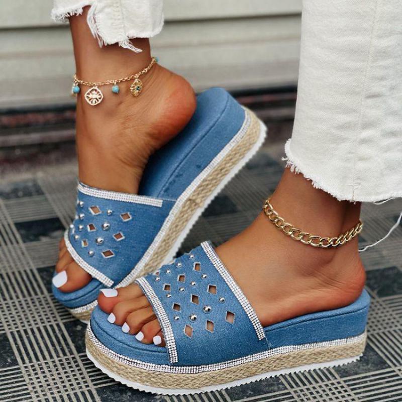 Platform Wedge Heel Denim Rhinestone Rivet Women'S Sandals And Slippers