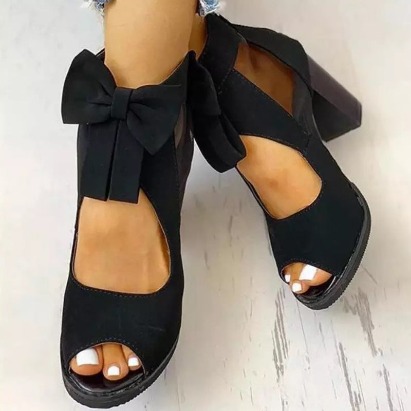 Thick-Heeled Bow-Knot Sandals Roman Wind Mesh Gauze Hollow High-Heeled Women'S Shoes