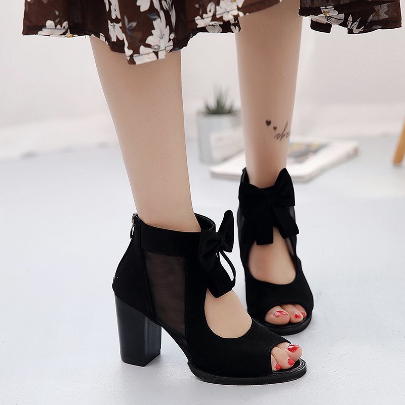Thick-Heeled Bow-Knot Sandals Roman Wind Mesh Gauze Hollow High-Heeled Women'S Shoes
