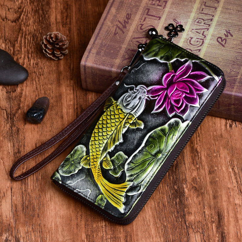 New Cowhide Wallet Women's Leather Vintage Embossed Purses Fish