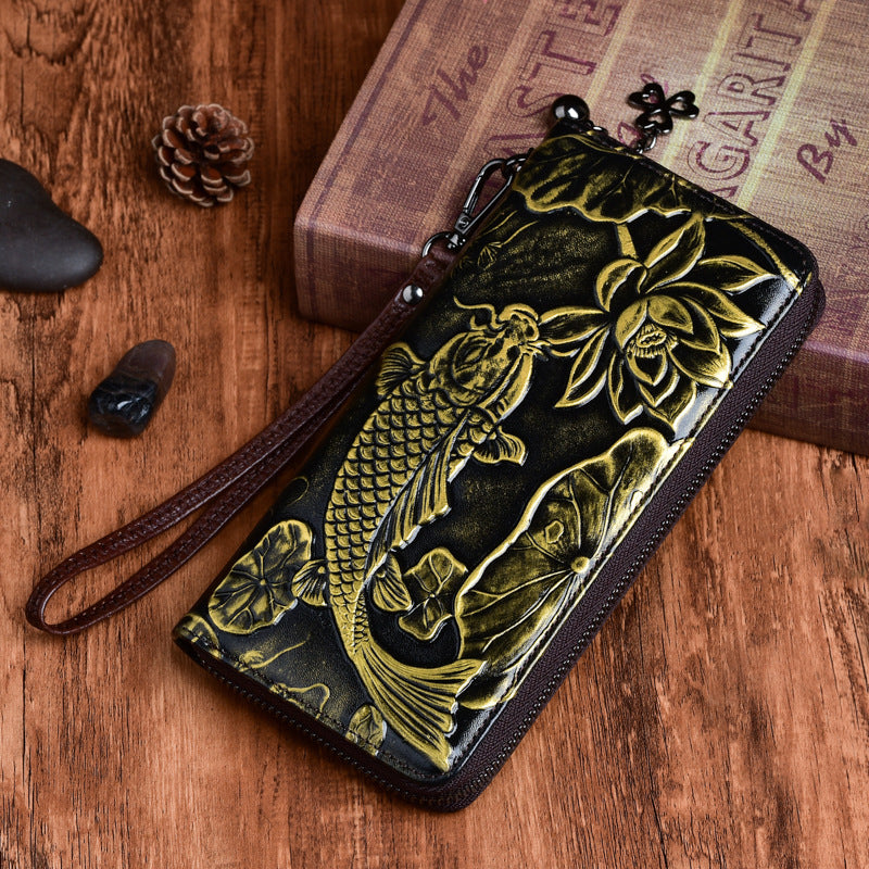 New Cowhide Wallet Women's Leather Vintage Embossed Purses Fish