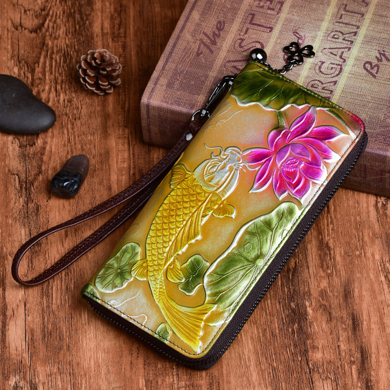 New Cowhide Wallet Women's Leather Vintage Embossed Purses Fish