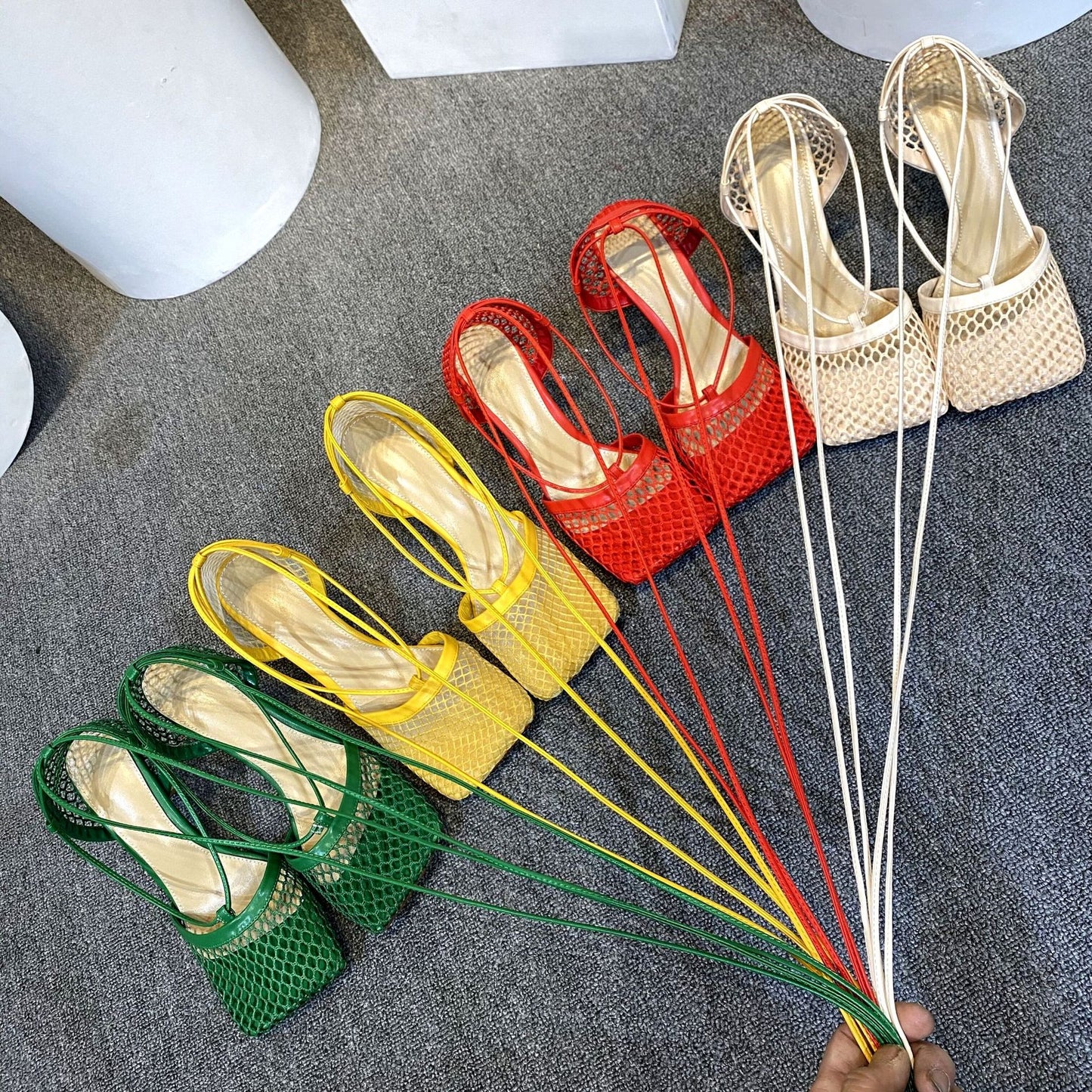 In Summer, High Heeled Sheepskin With Square Head Is Colorfully Hollowed Out