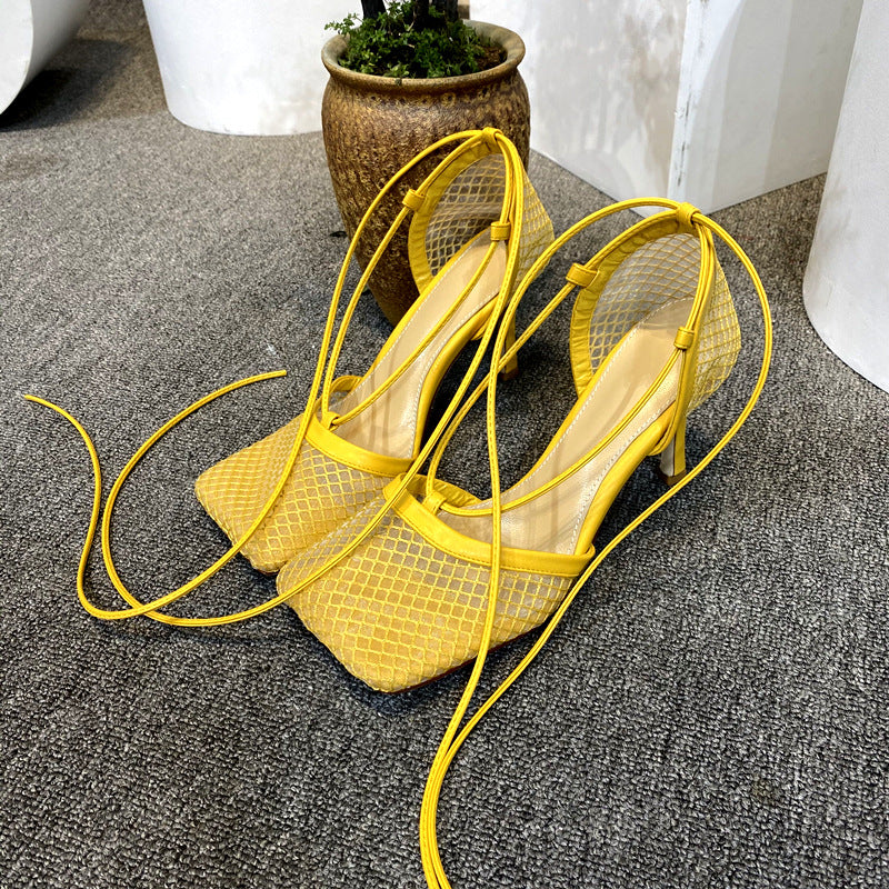 In Summer, High Heeled Sheepskin With Square Head Is Colorfully Hollowed Out