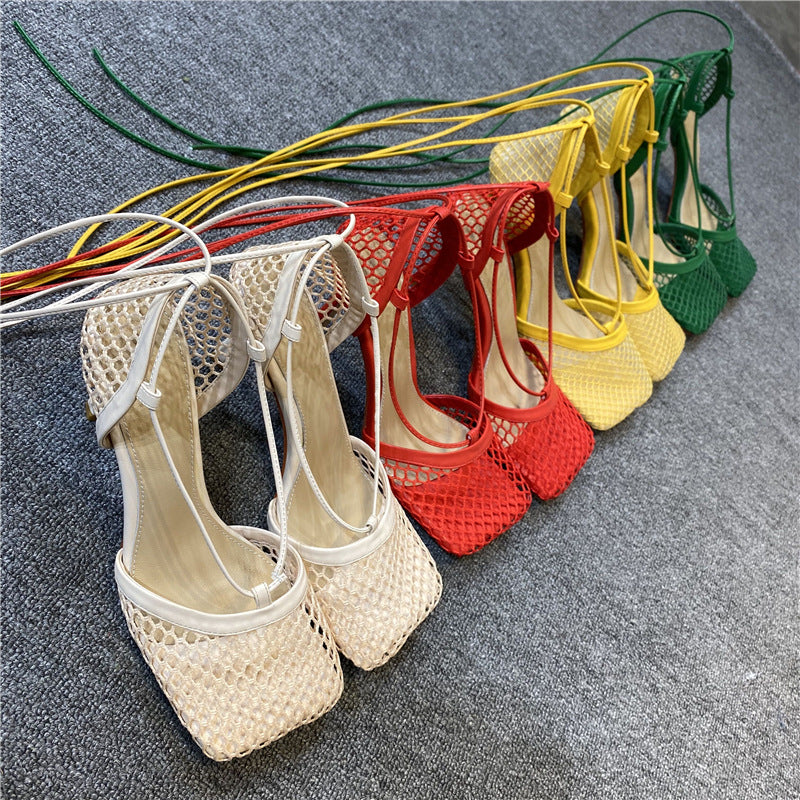 In Summer, High Heeled Sheepskin With Square Head Is Colorfully Hollowed Out