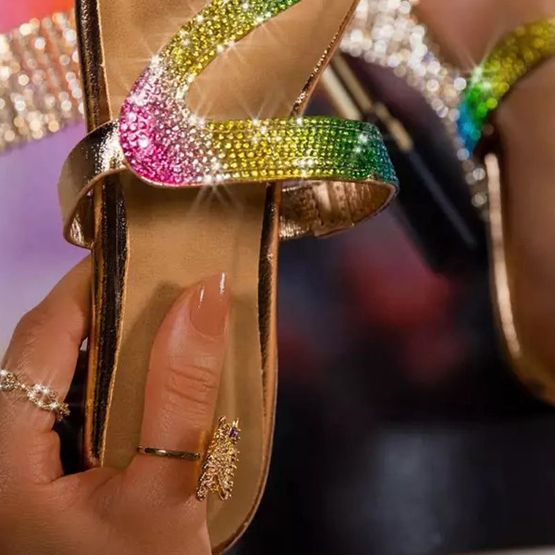 Fashion Ladies Flat Sandals And Slippers With Rhinestones