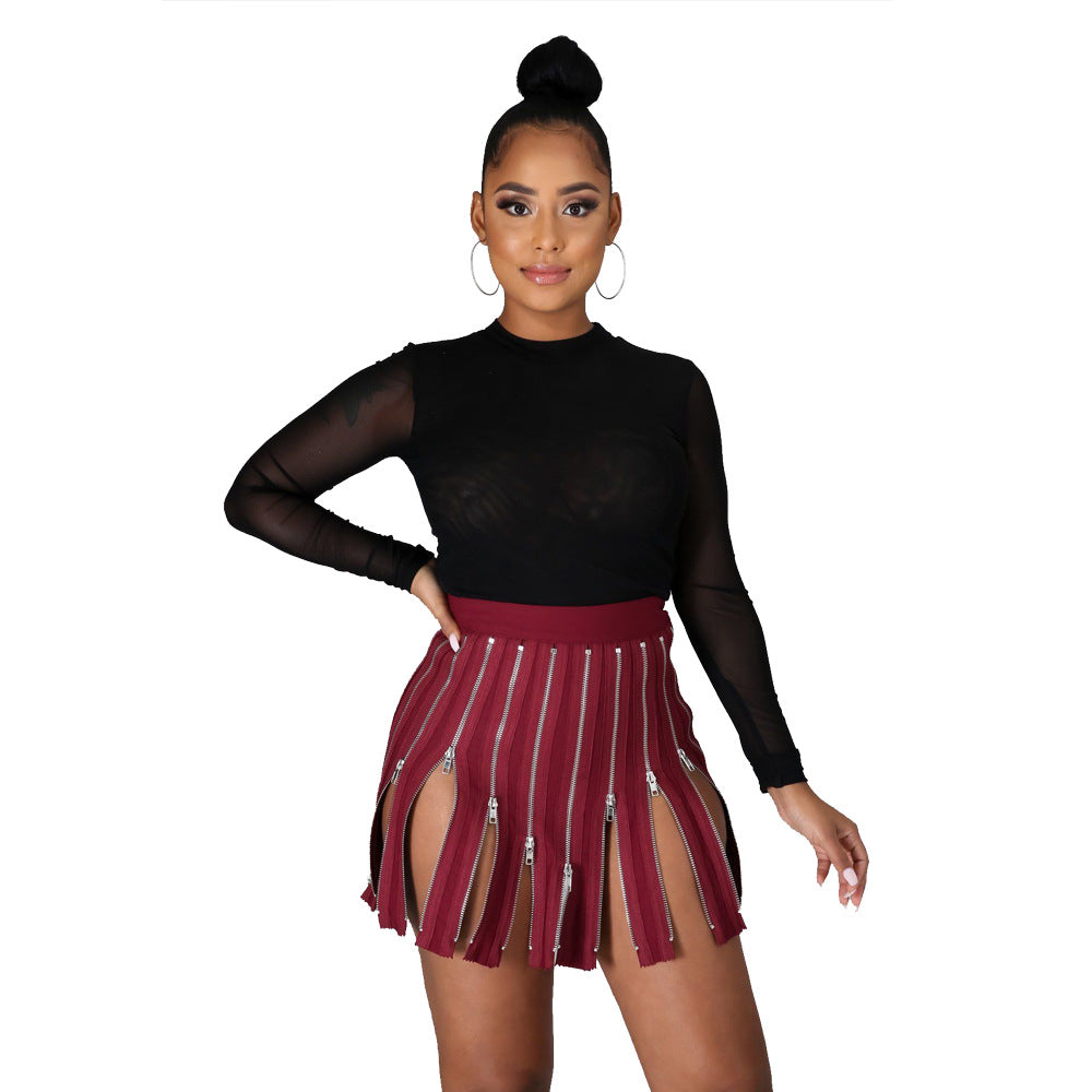 New High Waist Skirt Zipper Combination Female Black Multi Zipper Skirt From Stock