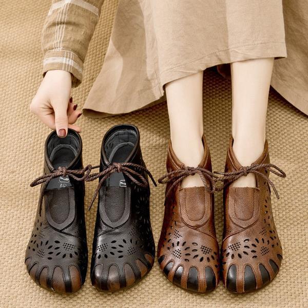 Hollow Short Boots Retro Women'S Shoes Summer Sandals Flat Ethnic Style Middle-Aged Mother Sandals Leather Soft Bottom Hole Shoes