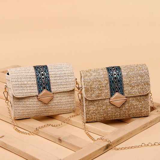 Sommer ny national stil stråvævet taske strandferie fritid vævet dametaske enkelt skuldertaske kæde crossbody taske