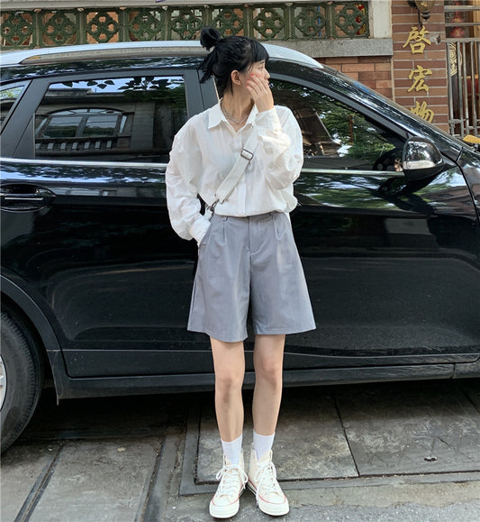 Women's Five-point Pants Suit Shorts Loose, Thin And Super High Waist A-line