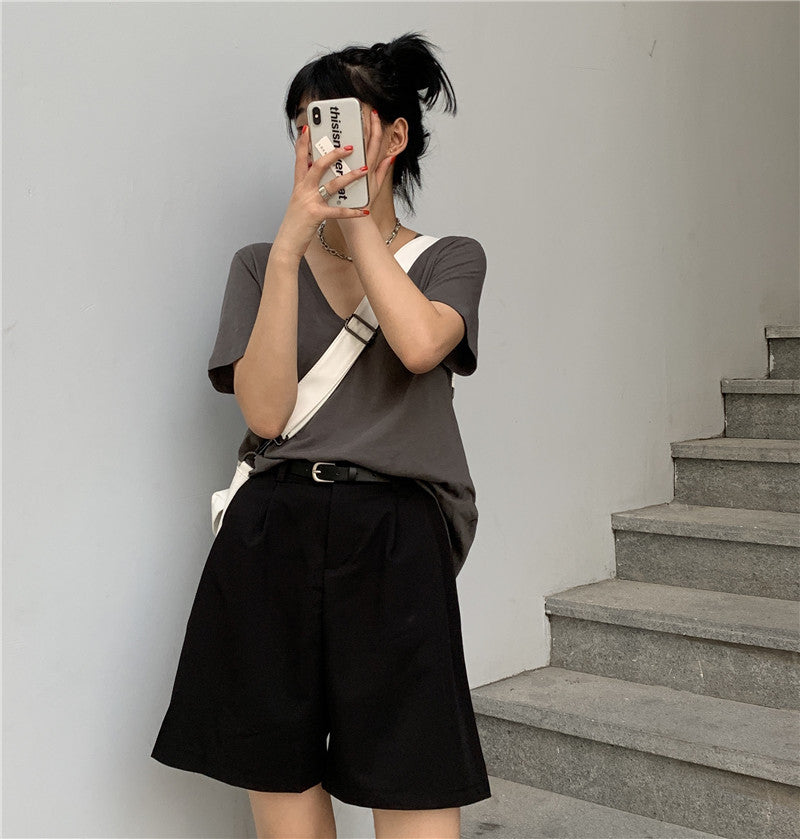 Women's Five-point Pants Suit Shorts Loose, Thin And Super High Waist A-line