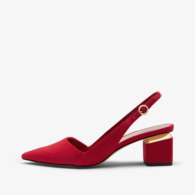 Forår Nye Slingbacks Sko Metal Dekoration Spids Tå Højhælede Sko Tyk Hæl Spænde Sandaler