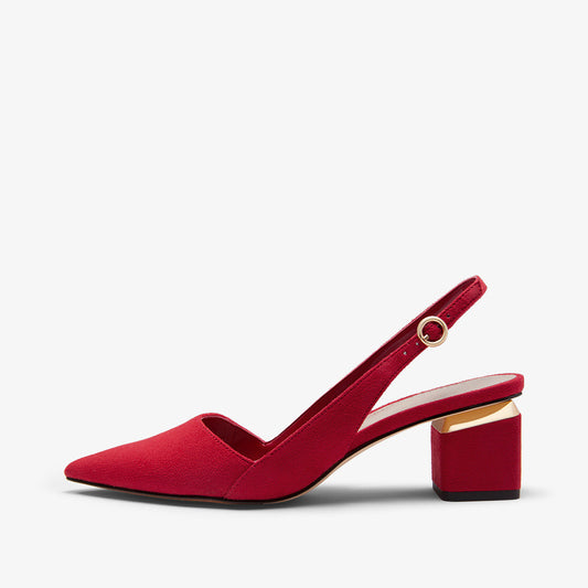 Forår Nye Slingbacks Sko Metal Dekoration Spids Tå Højhælede Sko Tyk Hæl Spænde Sandaler