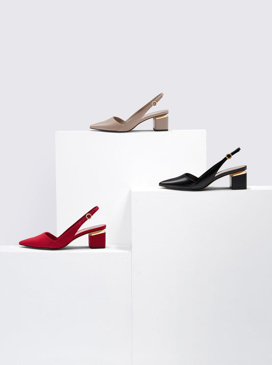 Forår Nye Slingbacks Sko Metal Dekoration Spids Tå Højhælede Sko Tyk Hæl Spænde Sandaler