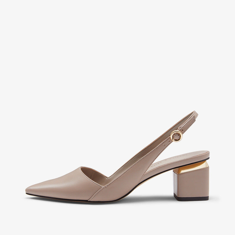 Forår Nye Slingbacks Sko Metal Dekoration Spids Tå Højhælede Sko Tyk Hæl Spænde Sandaler