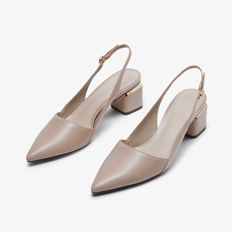 Forår Nye Slingbacks Sko Metal Dekoration Spids Tå Højhælede Sko Tyk Hæl Spænde Sandaler