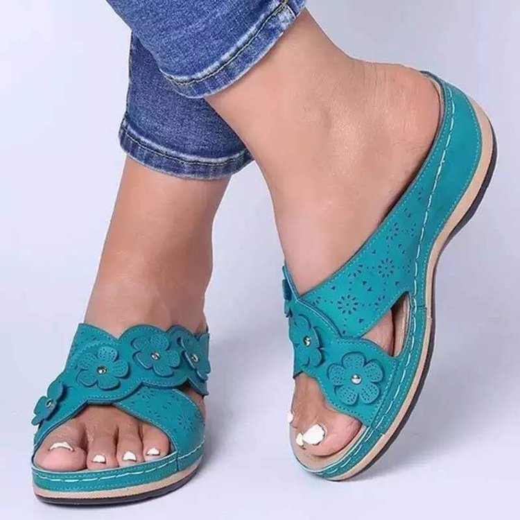 Low Slope Heel Sandals And Slippers One Line Cross Retro Flower Sandals