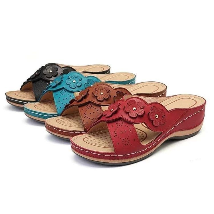 Low Slope Heel Sandals And Slippers One Line Cross Retro Flower Sandals