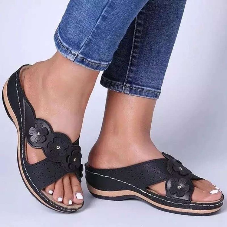 Low Slope Heel Sandals And Slippers One Line Cross Retro Flower Sandals