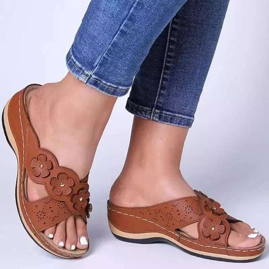 Low Slope Heel Sandals And Slippers One Line Cross Retro Flower Sandals