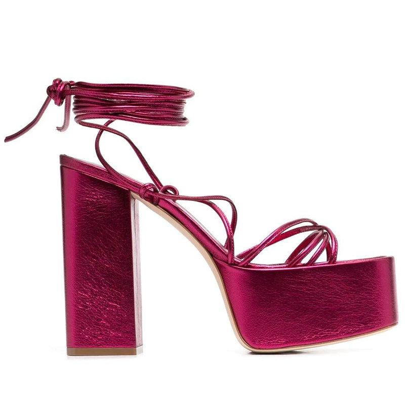 High-Heeled Platform Strappy Fashion Round-Toe Sandals Lace-Up Platform Shoes For Ladies