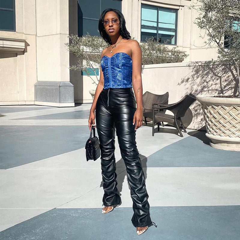 New High-Waist Bag Hip Fashion Street Style Casual Footwear Imitation Leather Trousers