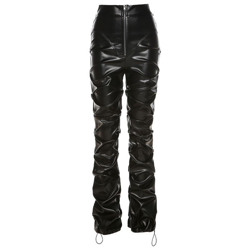 New High-Waist Bag Hip Fashion Street Style Casual Footwear Imitation Leather Trousers