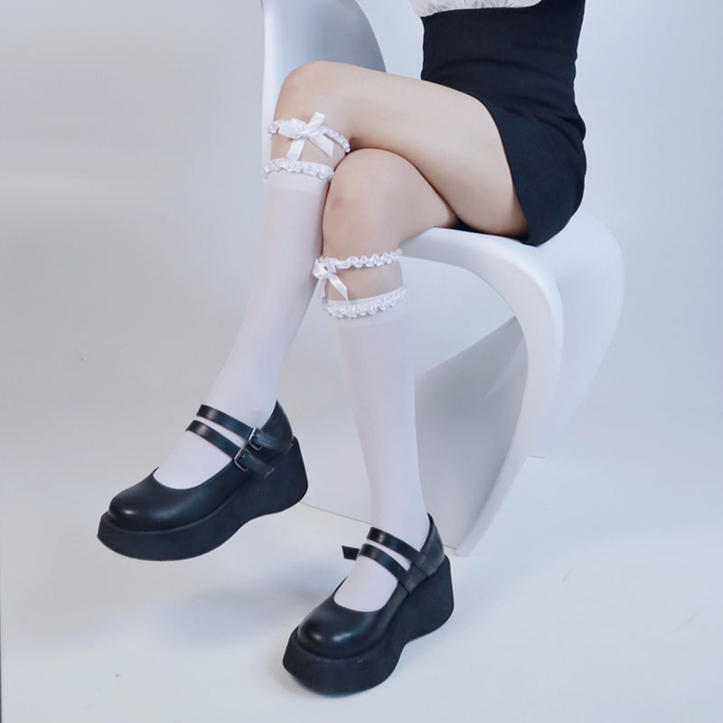 Lolita Lace Mellemrørstrømper Japansk Sød Sløjfe Satin Blonde Lange Rørstrømper JK Dark Wind