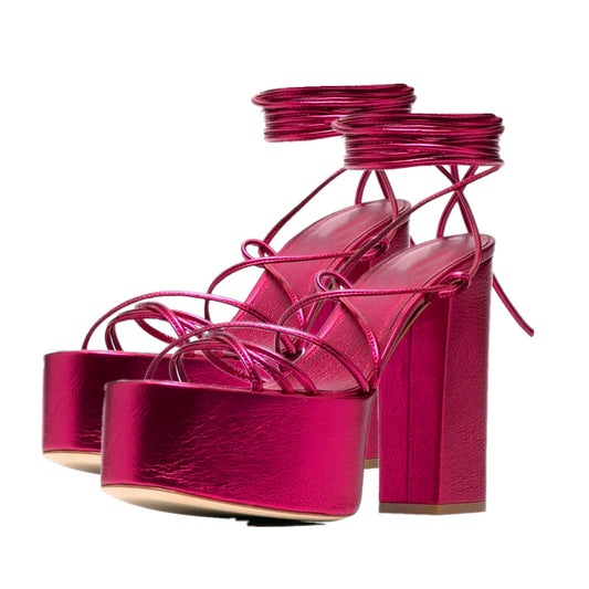 High-Heeled Platform Strappy Fashion Round-Toe Sandals Lace-Up Platform Shoes For Ladies