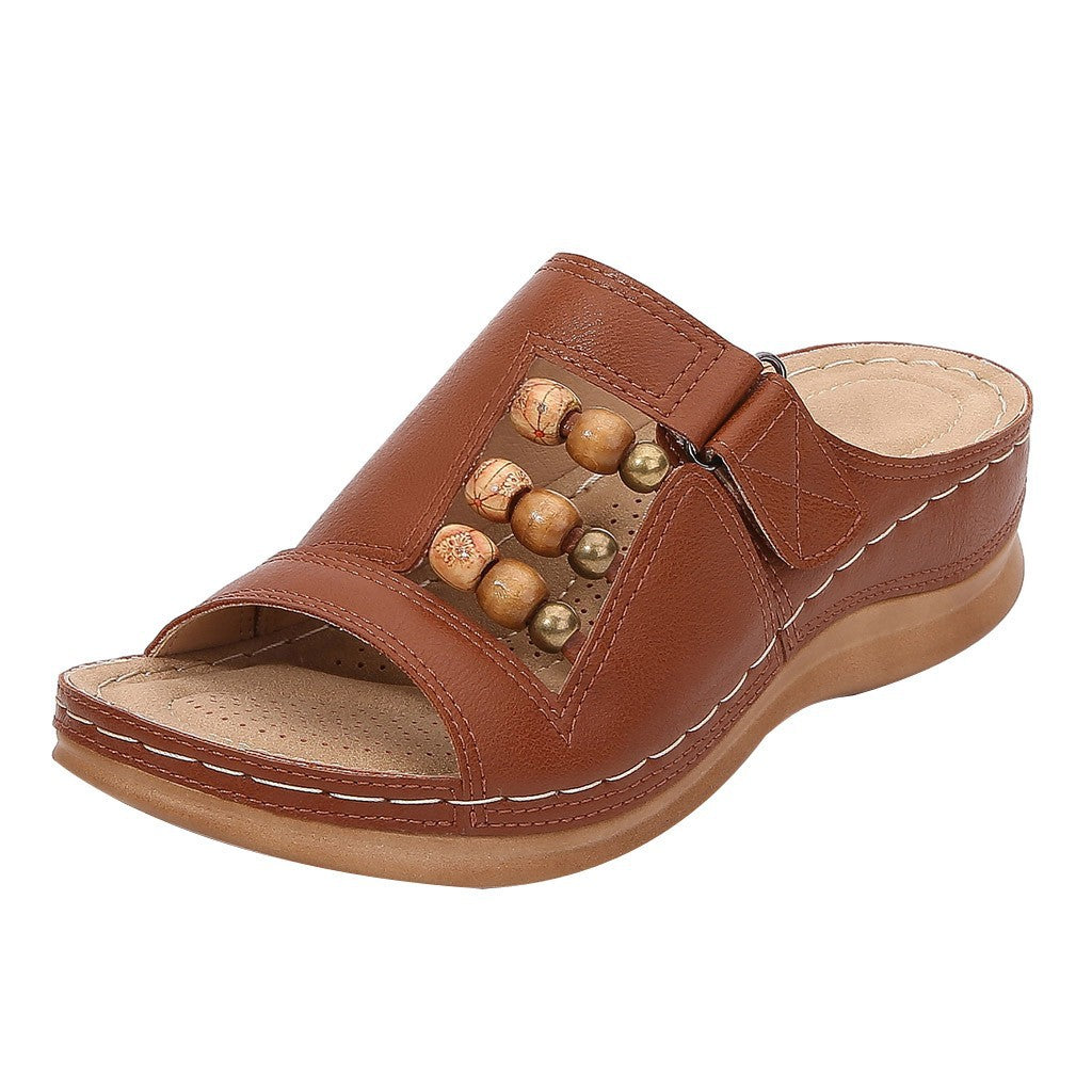 Large Size Round Head Beaded Women's Casual Platform Wedge Slippers