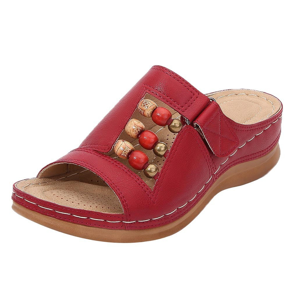 Large Size Round Head Beaded Women's Casual Platform Wedge Slippers