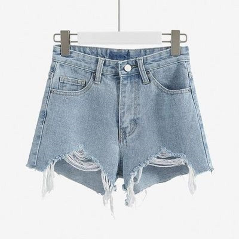 High-Waisted Denim Shorts With Cotton Holes And Women'S Summer Wild Thin A-Line Pants With Raw Edges